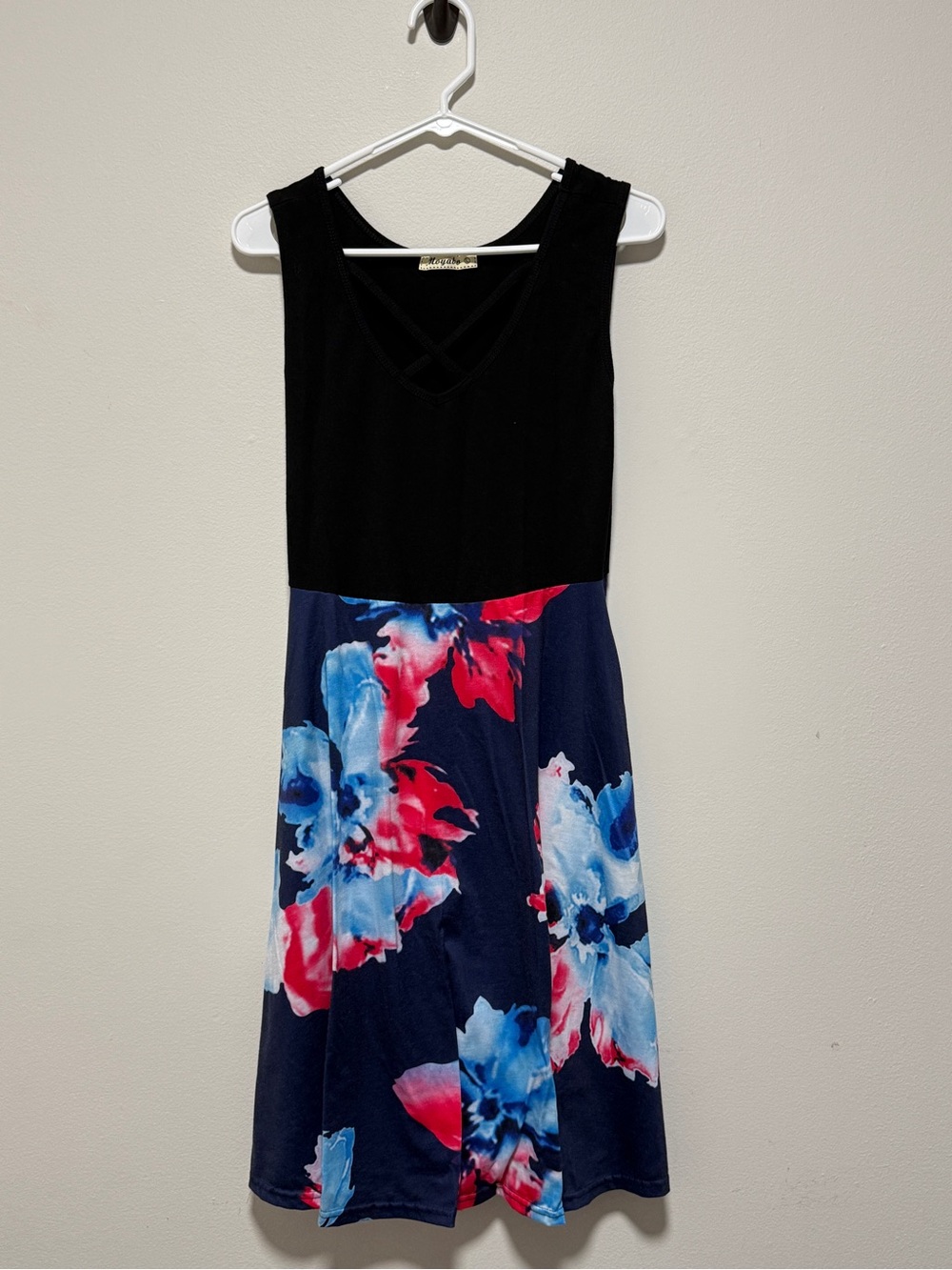 Sleeveless Black & Navy Floral A-Line Dress